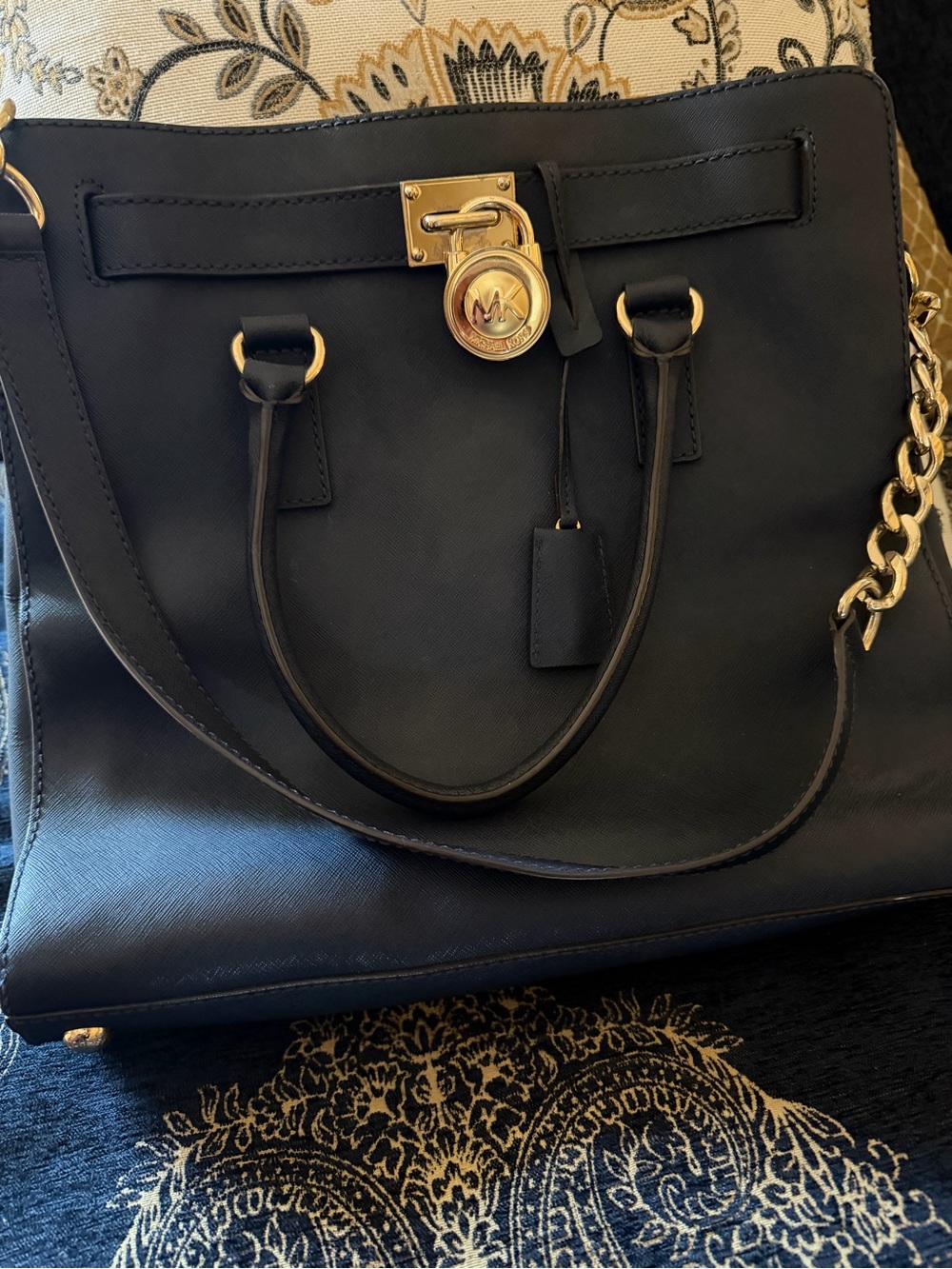 Michael Kors deep navy Saffiano Leather Tote with Gold Hardware